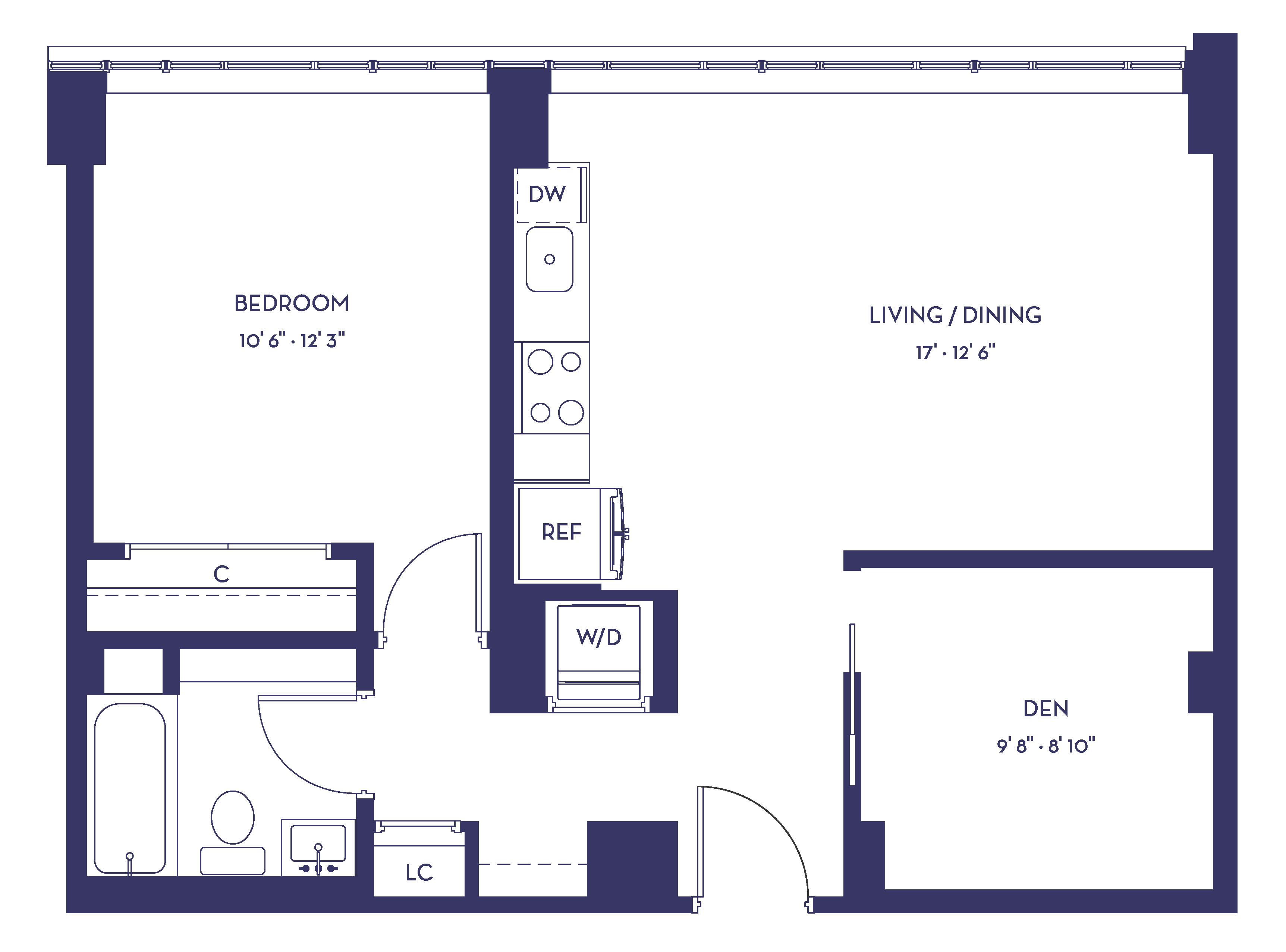 Floor plan for 1 bed, 1 bath, 663 sqft